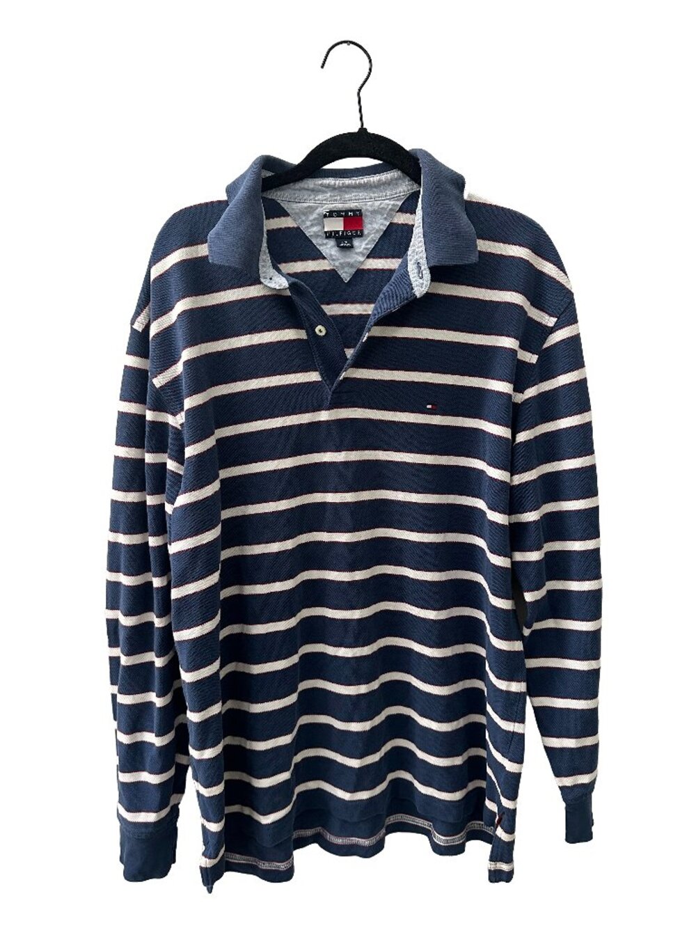 Vintage Tommy Hilfiger Striped Long Sleeve Polo Y2K Flag Logo Navy Burgundy